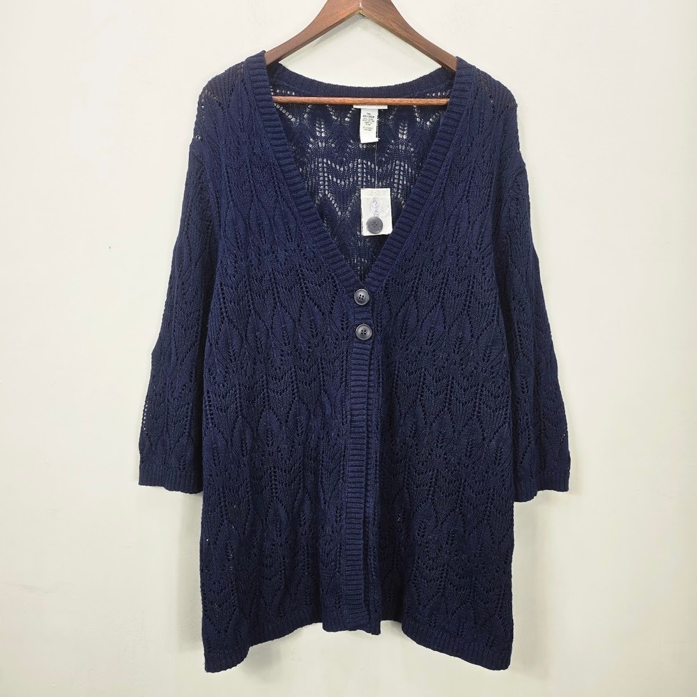 Catherines Open Knit Cardigan 3X 26/28W Blue Pointelle Cottagecore Coastal Boho